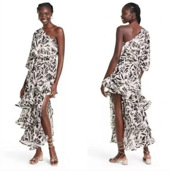 Alexis x Target Botanical One Shoulder Black White Ruffle Chiffon Dress Women S - Picture 2 of 12